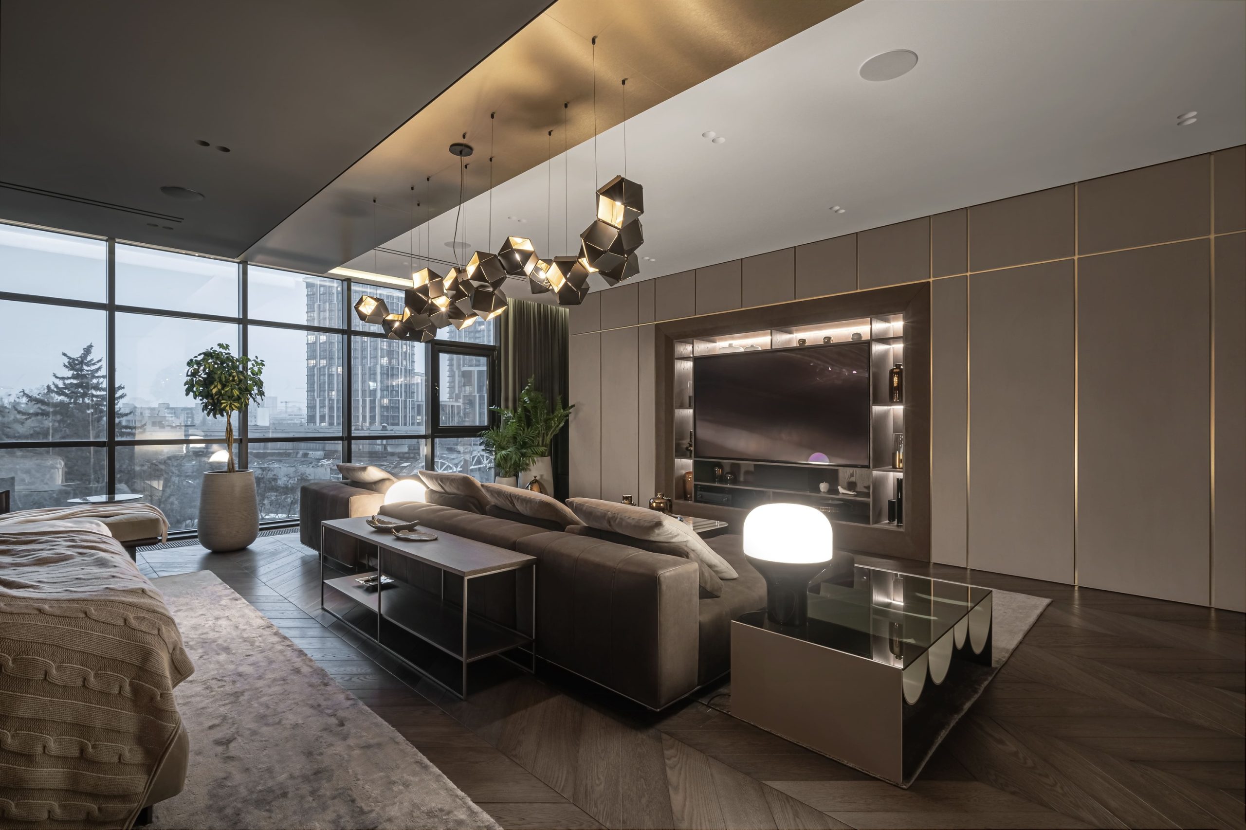 Premium apartment with green wall, marble accents and soft panels — Leader by Building Evolution